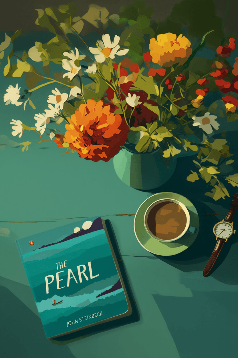 Still life with flowers, a book, coffee, and a watch